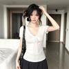 American Spice Girl Style V-Neck Lace Splicing Strap Short Sleeve T-Shirt Women's Summer Temperament Pure Desire Style Slim Skinny Top