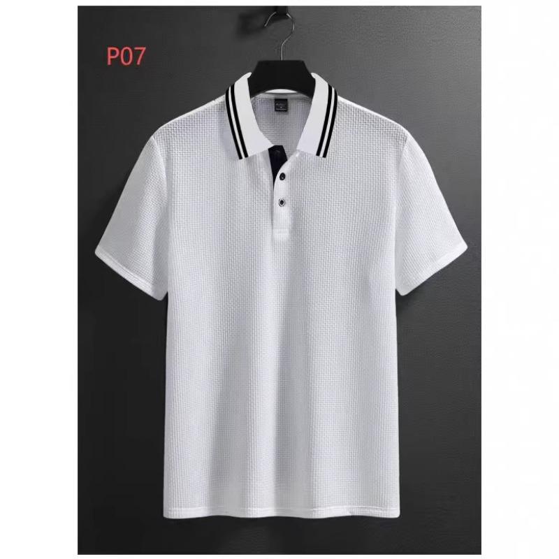 Men Waffle Knit Polo Shirt Short Sleeve Striped Collar Casual Breathable Solid Color Top S белый