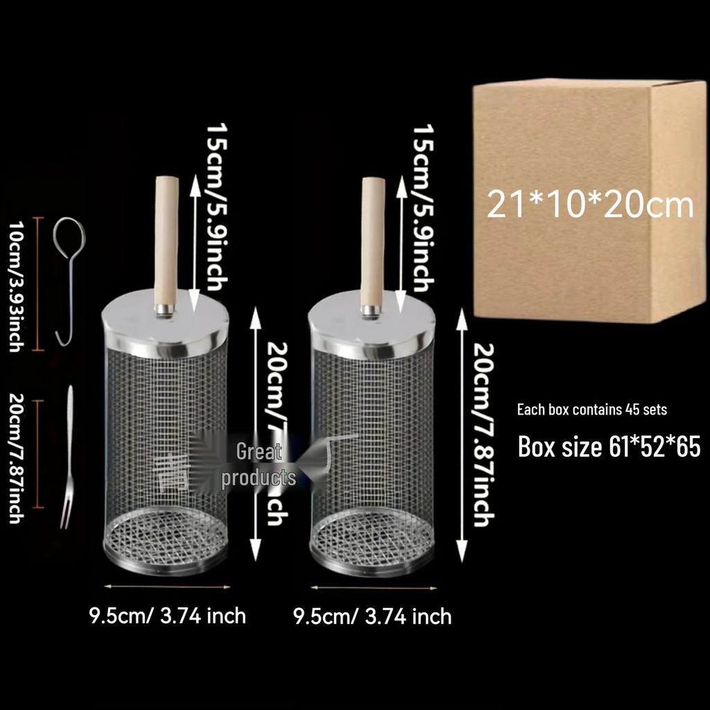 Portable Stainless Steel BBQ Basket with Wooden Handle – Round Outdoor Grilling Cage