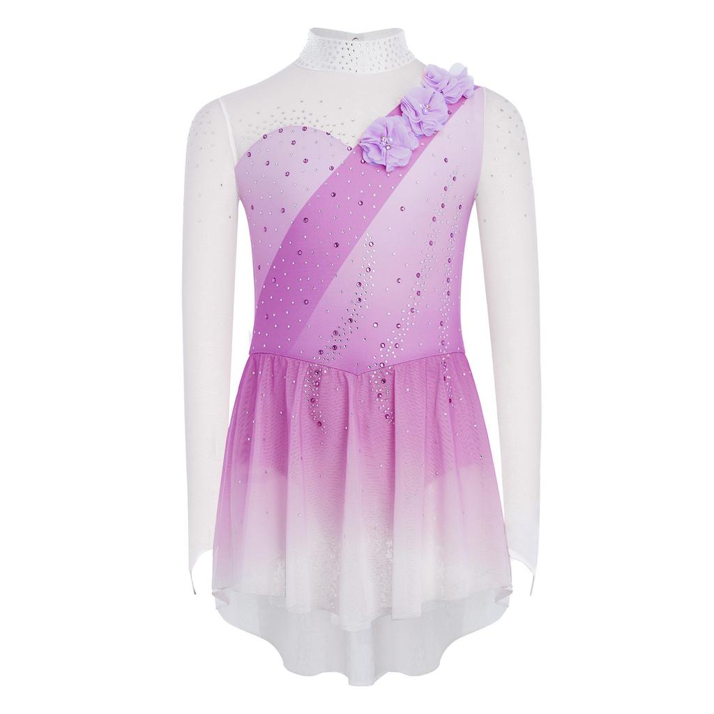 Professionell Konståkningsklänning för Flickor: Hög hals med 3D-blommor, genomskinligt nät & gradient strass