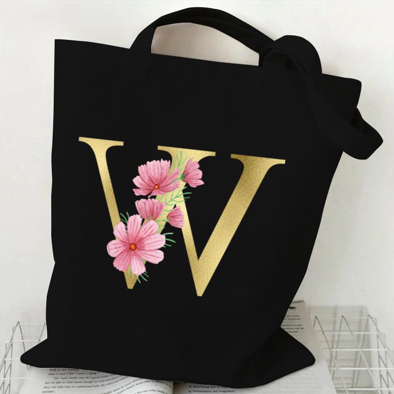 26 Golden Alphabet Floral Tote Bags for Women Large Capacity Canvas Casual New Flower Alphabet Printed Female Reusable Handbag