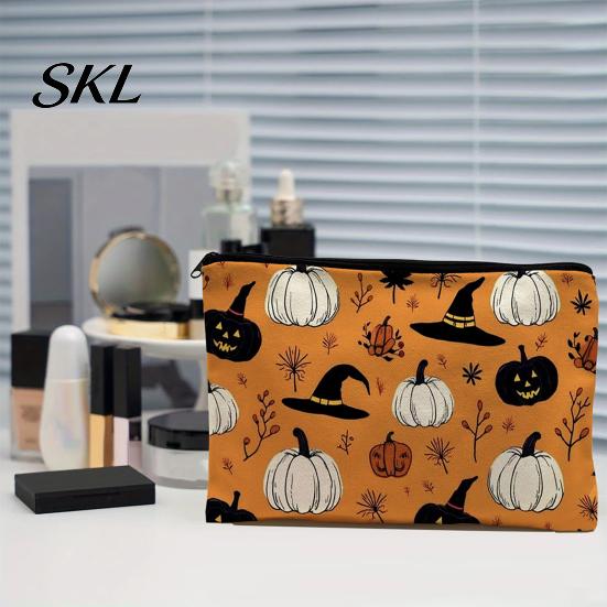 Spill Proof Stationery Holder Storage Bag, with Halloween Pumpkin Ghost Print, Smooth Themed Travel Bag Zipper Canvas Makeup for Cosmetic Organizer
