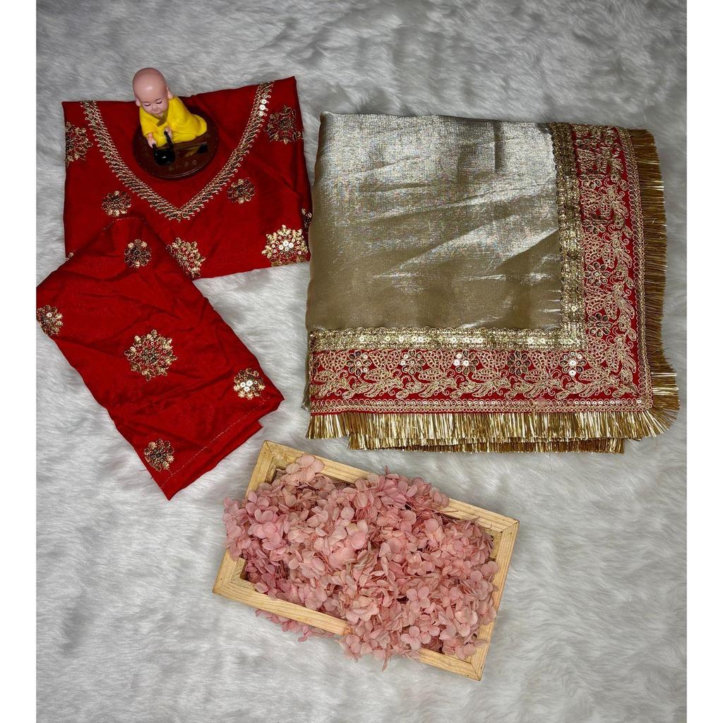 Tissu en soie Soft Space avec bordure en dentelle de paillettes brodées par un designer et sari en dentelle prêt à porter