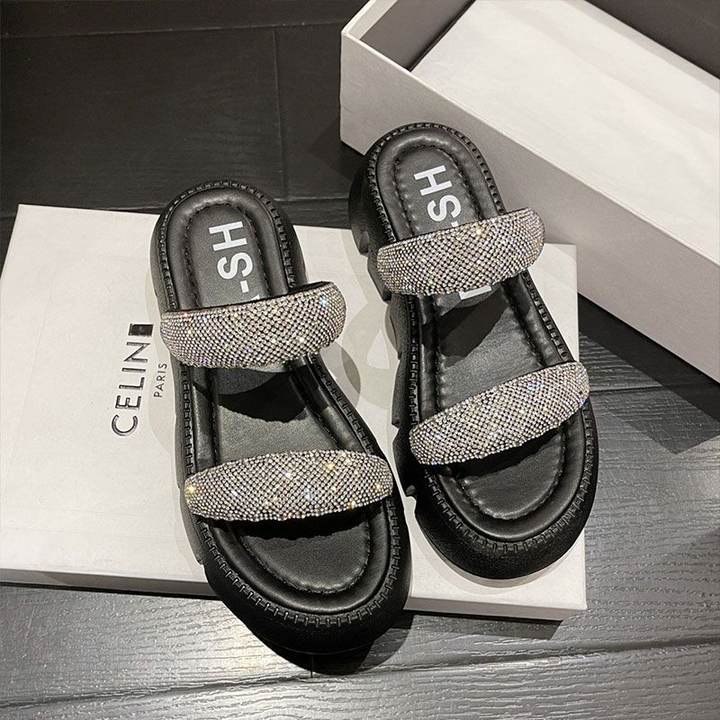 

Популярные в интернете крутые шлепанцы женские летние Нового года супер огонь толстая подошва маффин стразы мода фея однословные шлепанцы 40 чёрный