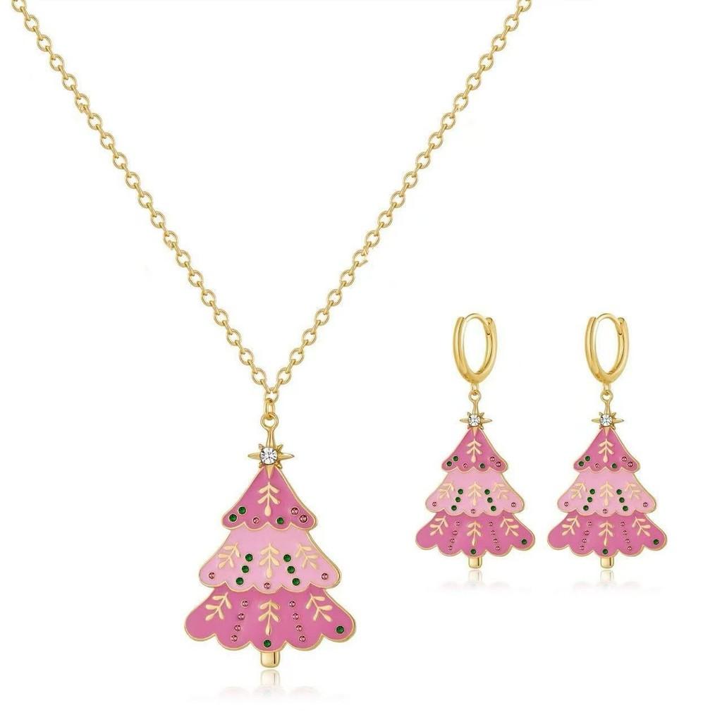 Premium Alloy Pink Christmas Tree Earrings And Necklace Set Perfect For Holiday Gatherings