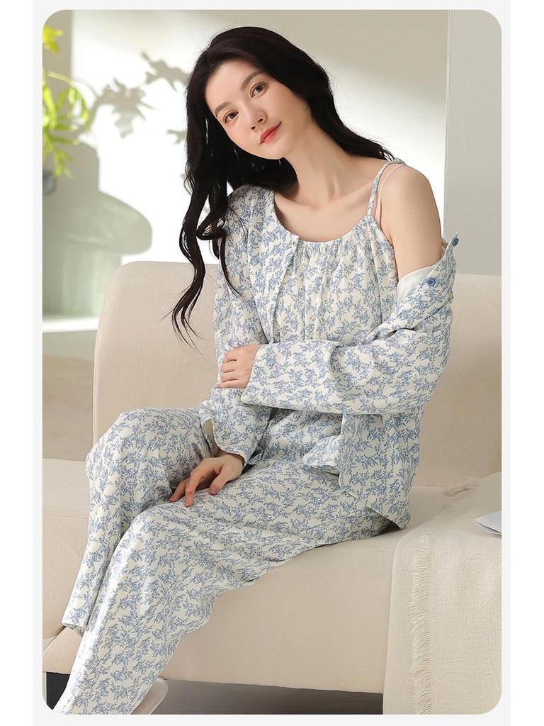 Women's Three-Piece Cotton Pajama Set: Spring Fashion, Printed, Comfortable, Breathable, with Chest Pads, Skin-Friendly.