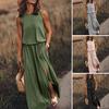 Women Beach Dress Round Neck Sleeveless Elastic High Waist Maxi Dress with Pockets Solid Color Split Hem Long Dress
