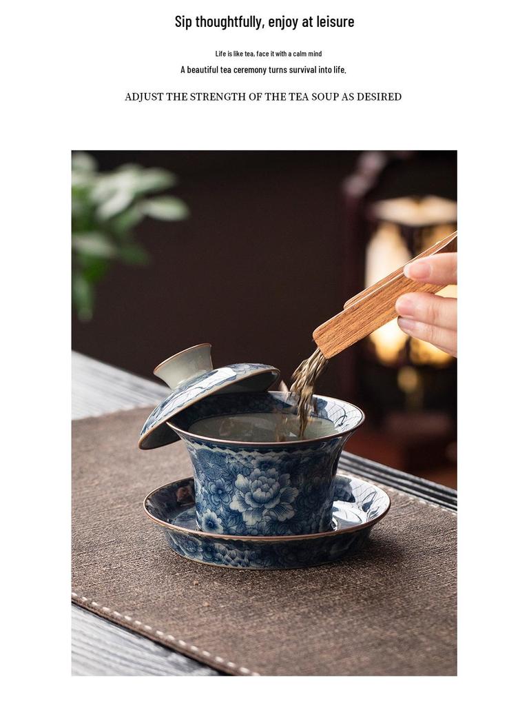 Antique Sancai Blue & White Gaiwan Kung Fu Tea Set: Cultivable Crackle Ceramic Tea Bowl & Large Cup