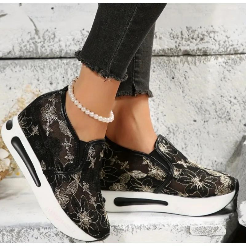 Fashion Women's wedge sneakers, comfortable white shoes, floral embroidered mesh, slip-on, size 42