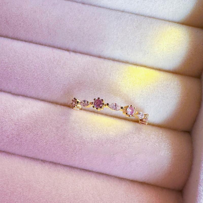 Pink Exquisite Geometric Diamond Heart Pearl Ring For Women Stylish Adjustable Open
