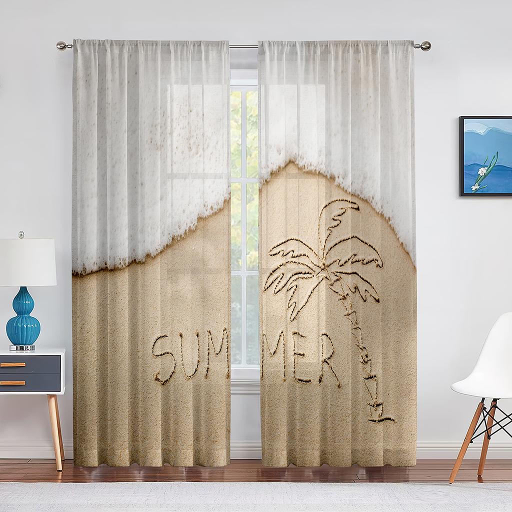 Ocean Summer Beach Sunlight Seawater Tulle In Sheer Curtains for Living Room Bedroom Kitchen Window Treatment Chiffon Curtain