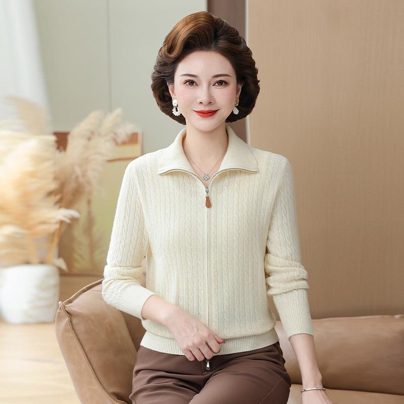 Mom's Plus Size Wool Zipper Cardigan for Fall & Winter - Versatile Lapel Sweater for Middle-aged & Elderly Women