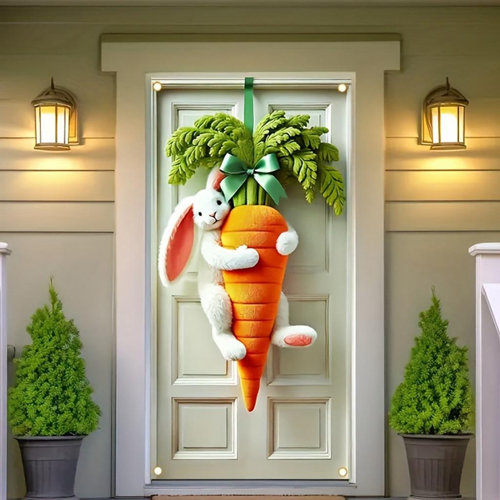 Cute Playful Easter Door Banner Rabbit Hugging Carrot Door Hanger Country-style Home Festive Door Curtain Decoration