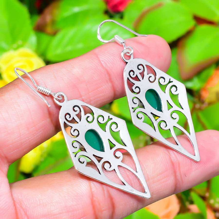 Natural Green Onyx Gemstone Handmade 925 Sterling Silver Earring 2.32" I3l86