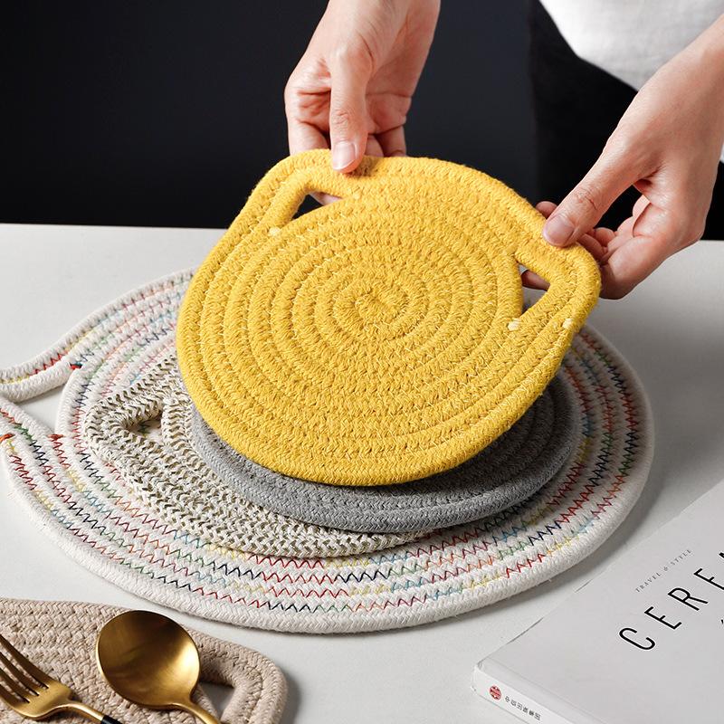 Hand-woven Cat Ear Coasters Creative Heat Insulation Non-slip Anti-scald Mat Japanese Simple Placemats Kitchen Useful Novelties