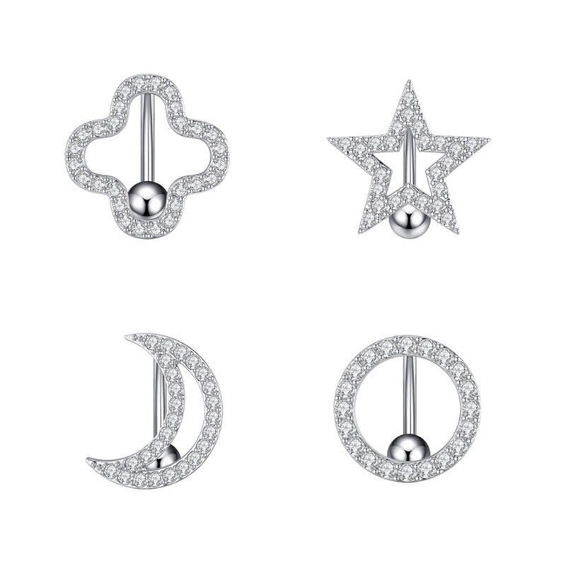 Reversed Bar Star Moon Four-leaf Clover Navel Piercing Nombril for Women Girl Crystal Belly Button Ring Inverted Barbell Jewelry