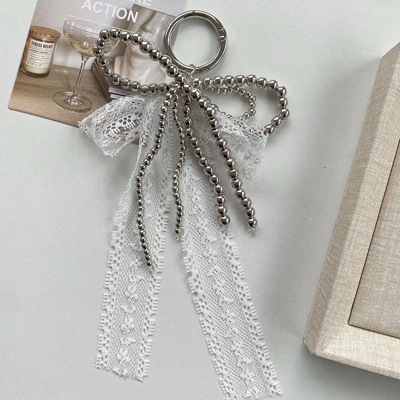 Sweet Lace Pearl Bow Keychain Pendant Car Keychain For Women Girls  Exquisite Backpack Decoration Accessories Gifts