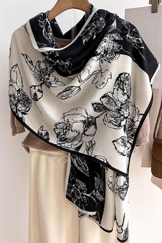 Black and Ecru Scarf with Floral Pattern - 100% Viscose, 178X66