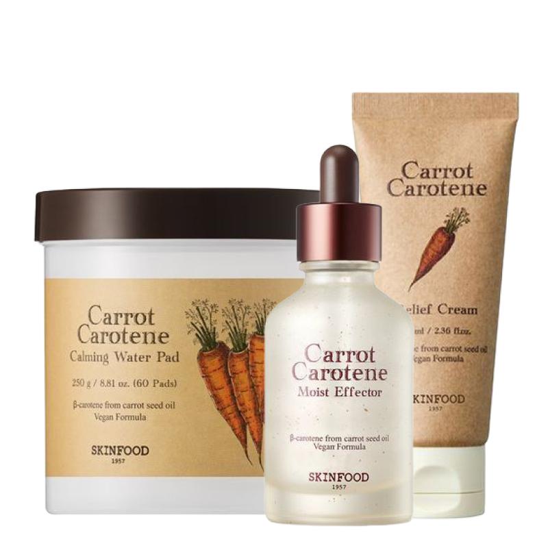 

SKINFOOD Carrot Carotene 3-Step Set (Calming Water Pad 60 Sheets + Moist Effector 52ml + Relief Cream 70ml) Soothing & Barrier Care