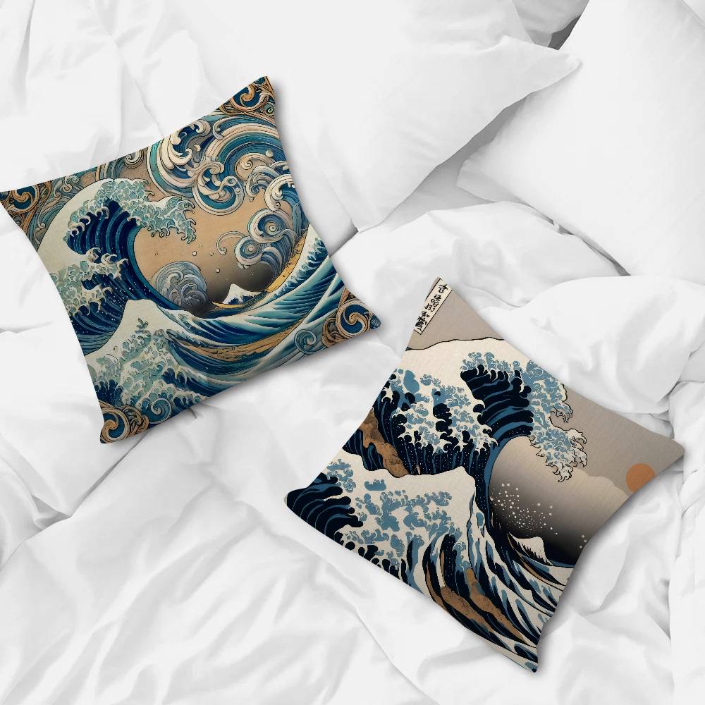 Vintage Hokusai Waves Cushion Cover Inches Farmhouse Decor Home Throw Pillow Covers For Couch Decorations