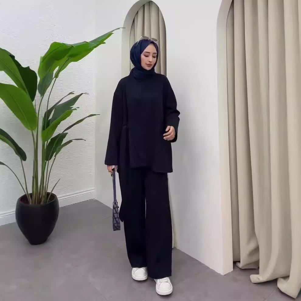 

2024 Осенний женский повседневный комплект из двух предметов однотонного цвета: Топ и длинные брюки Small чёрный