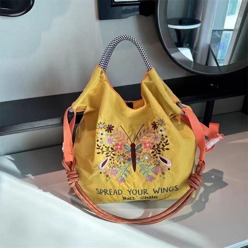 Eco-Friendly Handmade Japanese-Style Embroidered Flower Nylon Tote Bag