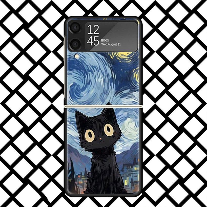 

Anime Cute Black Cat Meow Phone Case For Samsung Z Flip 7 6 5 4 3 Galaxy ZFLIP7 ZFlip6 5G Flip5 Flip4 Flip3 5g Black Hard Cover Samsung Z Flip