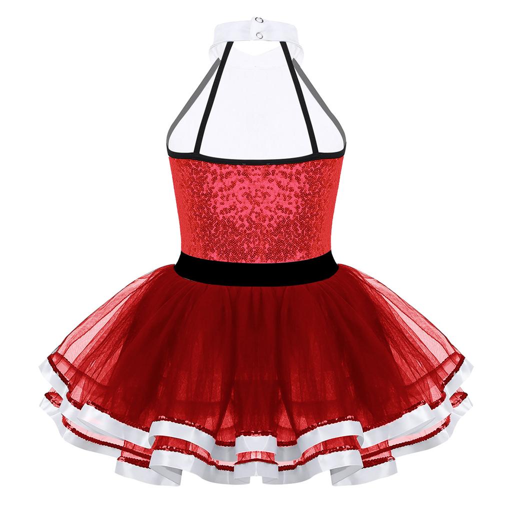 Mädchen Ärmellos Glänzend Pailletten Zierknöpfe Ballett Tanz Gymnastik Turnanzug Mesh Tutu Kleid Moderner Tanz