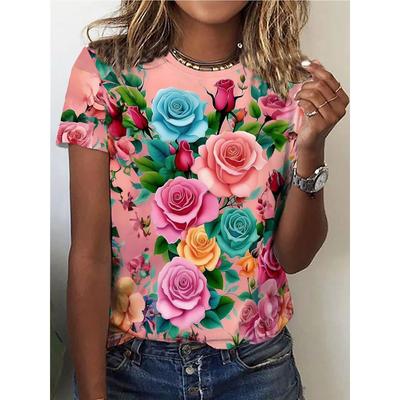 Flower Print T-shirt, Casual Crew Neck Short Sleeve Top For Spring & Summer, Women's Clothing