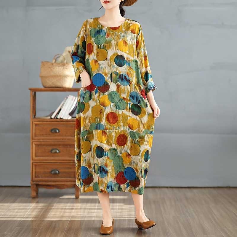 New Vintage Printed Round Neck Long Sleeve Plus Size Long Dresses