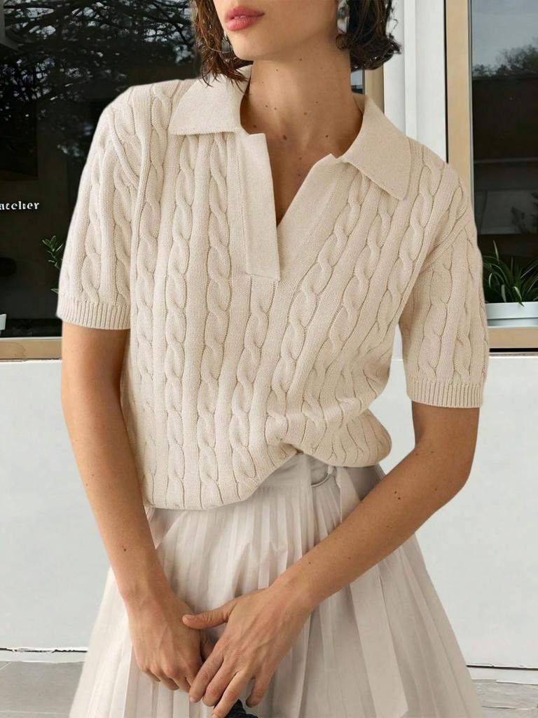 Women's Cable Knit V Neck Short Sleeve Pullover Sweater Solid Lapel Detail Casual Top
