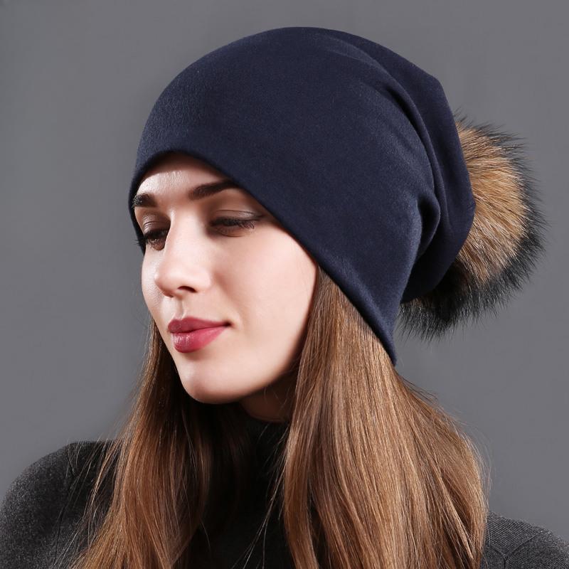Damen Echter Waschbärfell Bommelmützen Beanies Herbst Winter Warm Einfarbig Mützen Für Frauen Mode Baumwolle Skullies Dünne Mütze