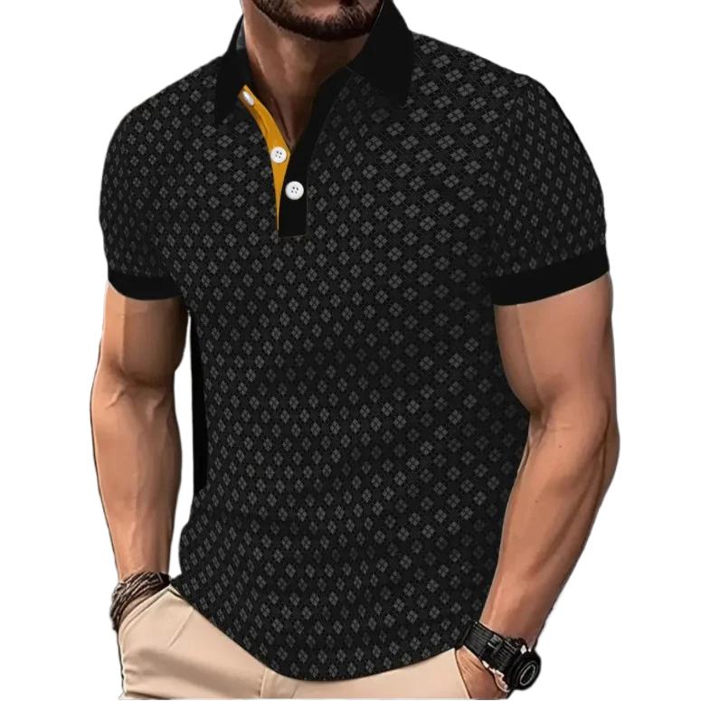 Trendy Geometric Pattern Short-Sleeve Polo Shirt, Stylish Men's Casual Top