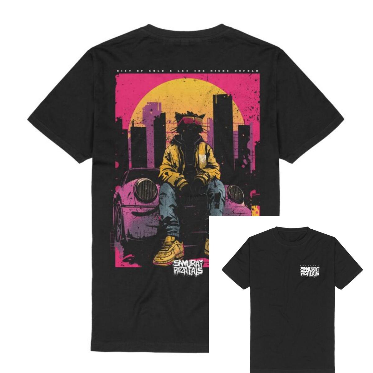 Stadt des Goldes Sonnenuntergang Samurai Katzen Pizza T-Shirt Herren Damen Metal Rock Band Grafik T-Shirt 100% Baumwolle Sommer Streetwear Oberteil 3XL bunt