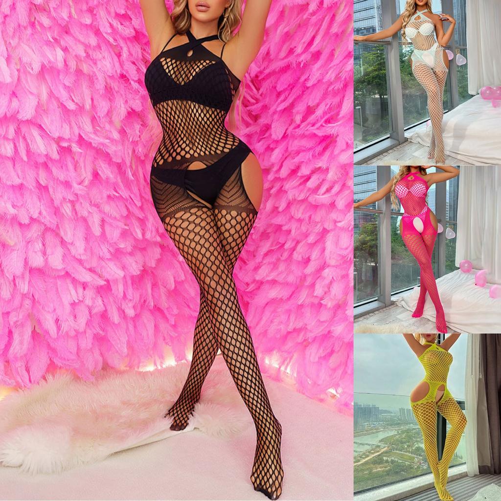 Women's High Elastic Hollow Fishnet Sexy Solid Color Erotic Lingerie Pajamas