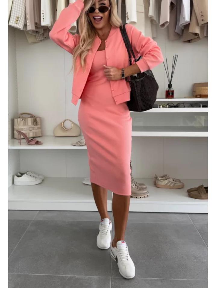 Summer Solid Color Two-Piece Set: Spaghetti Strap Dress with Cardigan