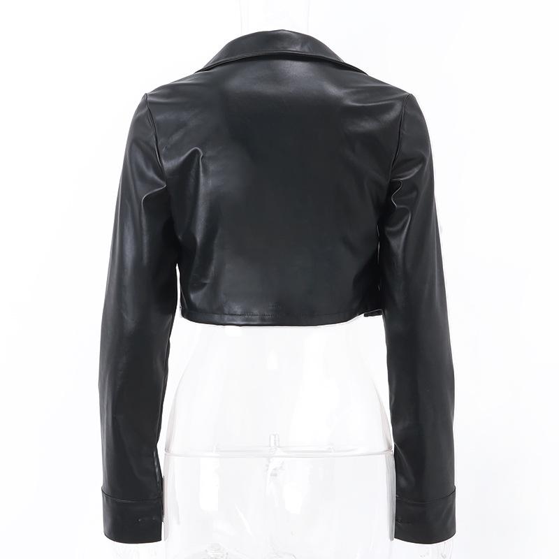 European-American Motorcycle Style Crop Top: Turn-Down Collar, Long Sleeve Jacket for Autumn/Winter Fashion.