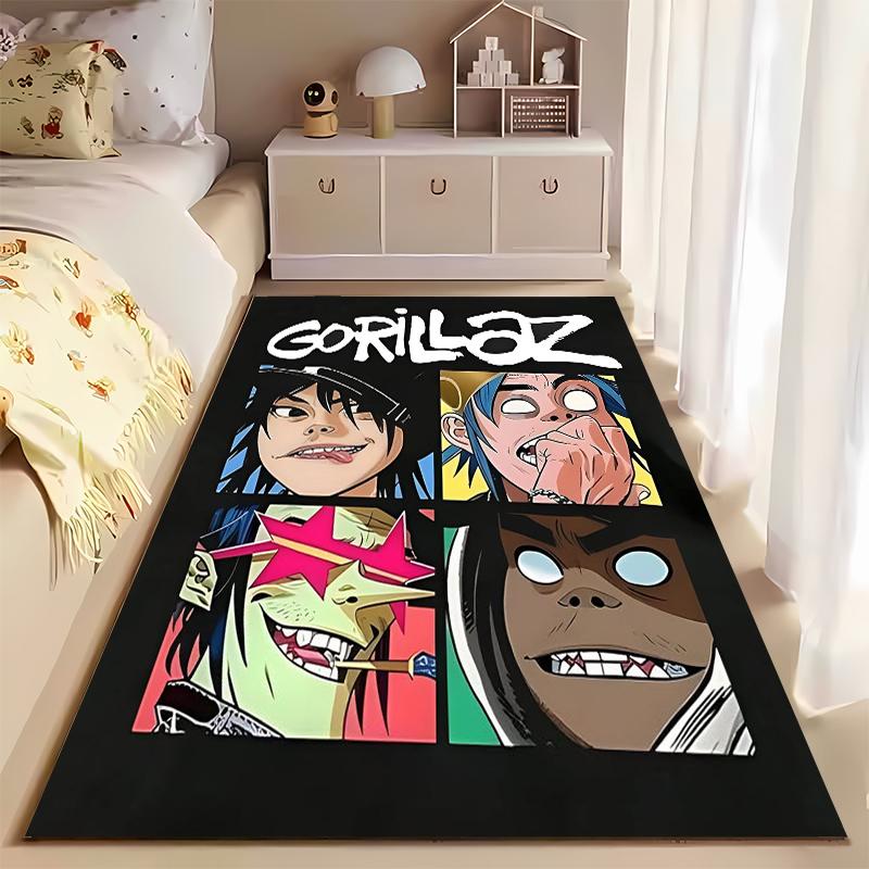 Area Rug, Gorillaz Band Four Faces Square Grid Cartoon Poster Print, Man Cave Decor, Non-Slip Mat