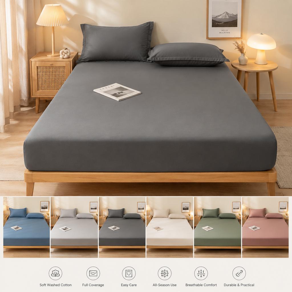 Brushed Washed Cotton Fitted Sheet, All Seasons Full Wrap Mattress Protector Cover with Pillowcase, Dustproof Anti-Dirty Bed Linen