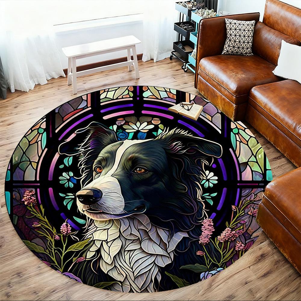1pc Stained Glass Dog Round Chair mat office Area Rug - Non-Slip, Floor Mat for Office, Bedroom, Ideal home decor gift c0112045