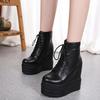 14CM Absatzsteigerung Damenstiefel Mode Punk Stil Gothic Stiefel Keile Plateau Stiefel Schnürung Leder Knöchelhohe Stiefel Botas Mujer