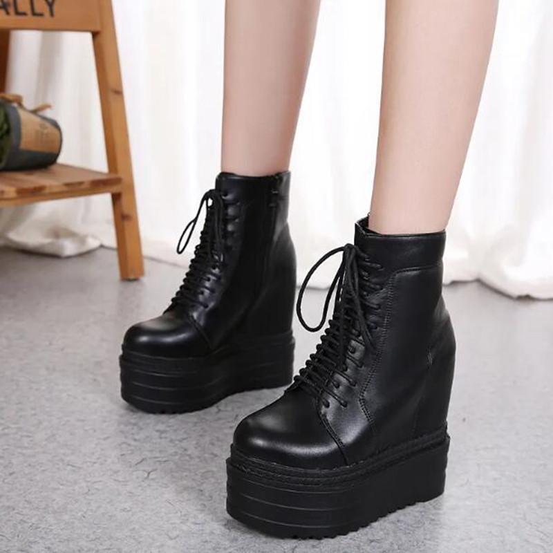 14CM Absatzsteigerung Damenstiefel Mode Punk Stil Gothic Stiefel Keile Plateau Stiefel Schnürung Leder Knöchelhohe Stiefel Botas Mujer