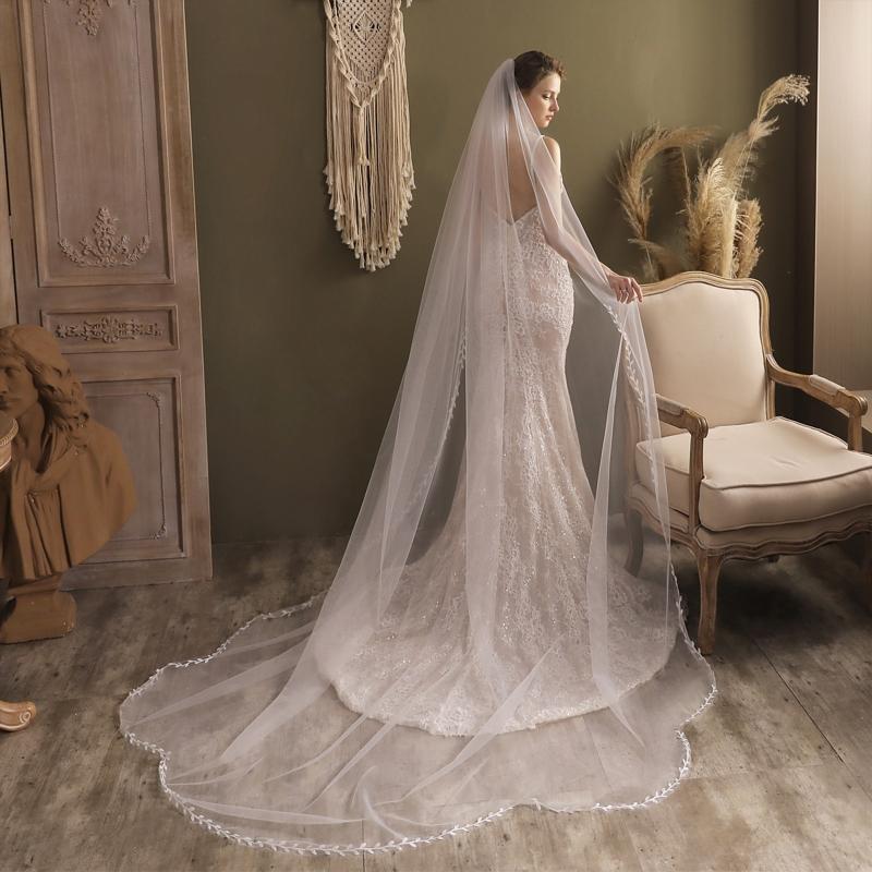 Wedding Veil with Comb Delicate Leaves Embroideries One Layer Long Drop Illusion Tulle Cathedral Length Chapel Veils