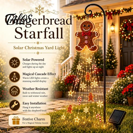 Outdoor Gingerbread Man Lights Solar Garden Light, Waterproof Yard Light with Warm Christmas Stakes Waterfall LED, Pathway Stake Lamp for Lawn