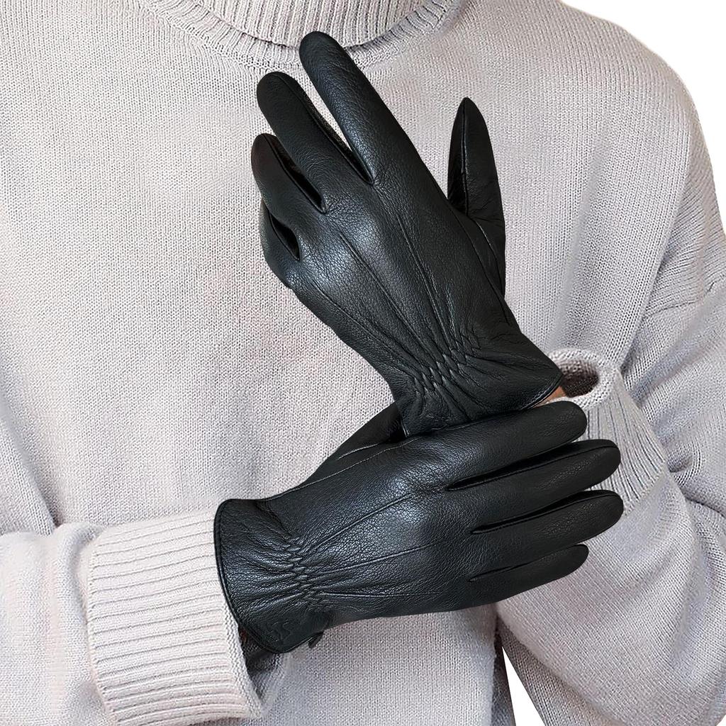 XFONZYUN Deerskin Leather Smartphone Brushed Warm and and Perfect for and Black Men's Gloves, Compatible, Lining, Warm, Water-Repellent Windproof,