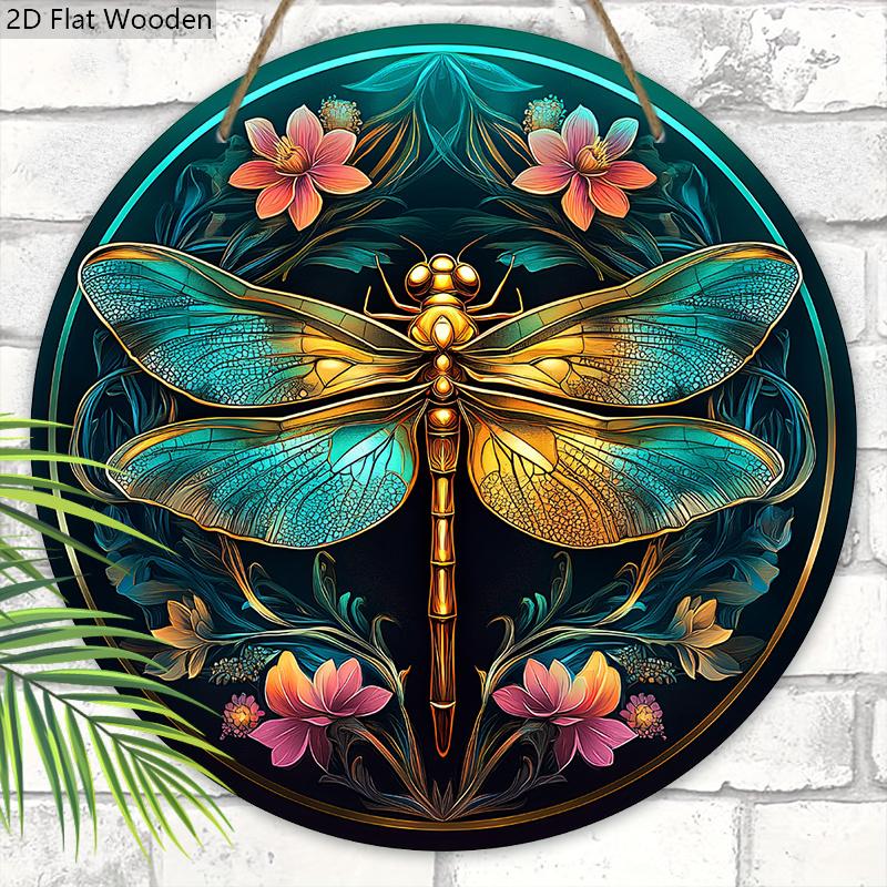 Vintage Holzschild mit Libellen- und Blumenmuster - Künstlerisches rundes Ornament für Haustür, Wandbehang-Dekor - Ideale Hängedekoration für Zuhause
