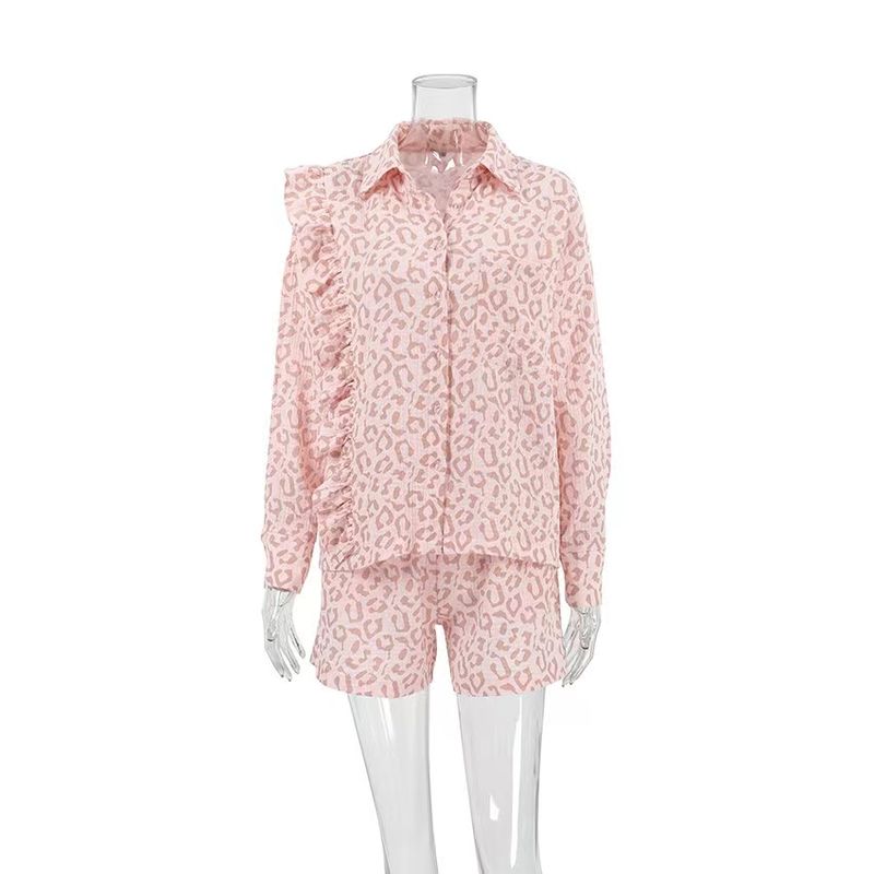 

Европейский и американский комплект рубашки с оборками и шорт с леопардовым принтом Комплект рубашки и шорт с леопардовым принтом Leopard print L