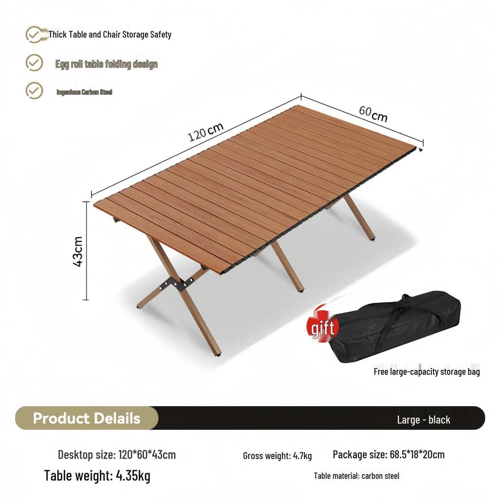 Portable Carbon Steel Roll-Up Camping Table - Foldable BBQ Picnic Dining Table with X-Shaped Legs