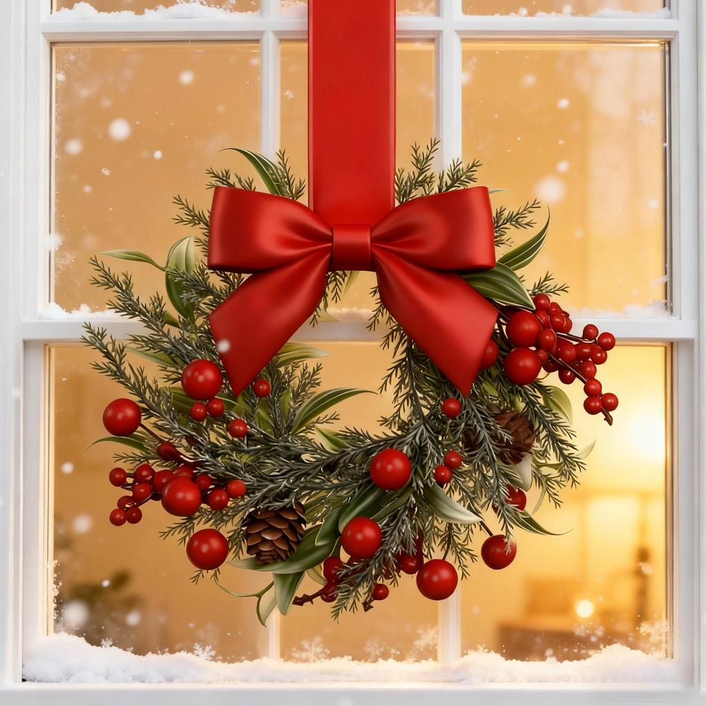Mini Cabinet Christmas Wreath Red Bow Ribbon Tie Berry Wreath Christmas Garland Decor For Wall Mantle Kitchen Home Outdoor