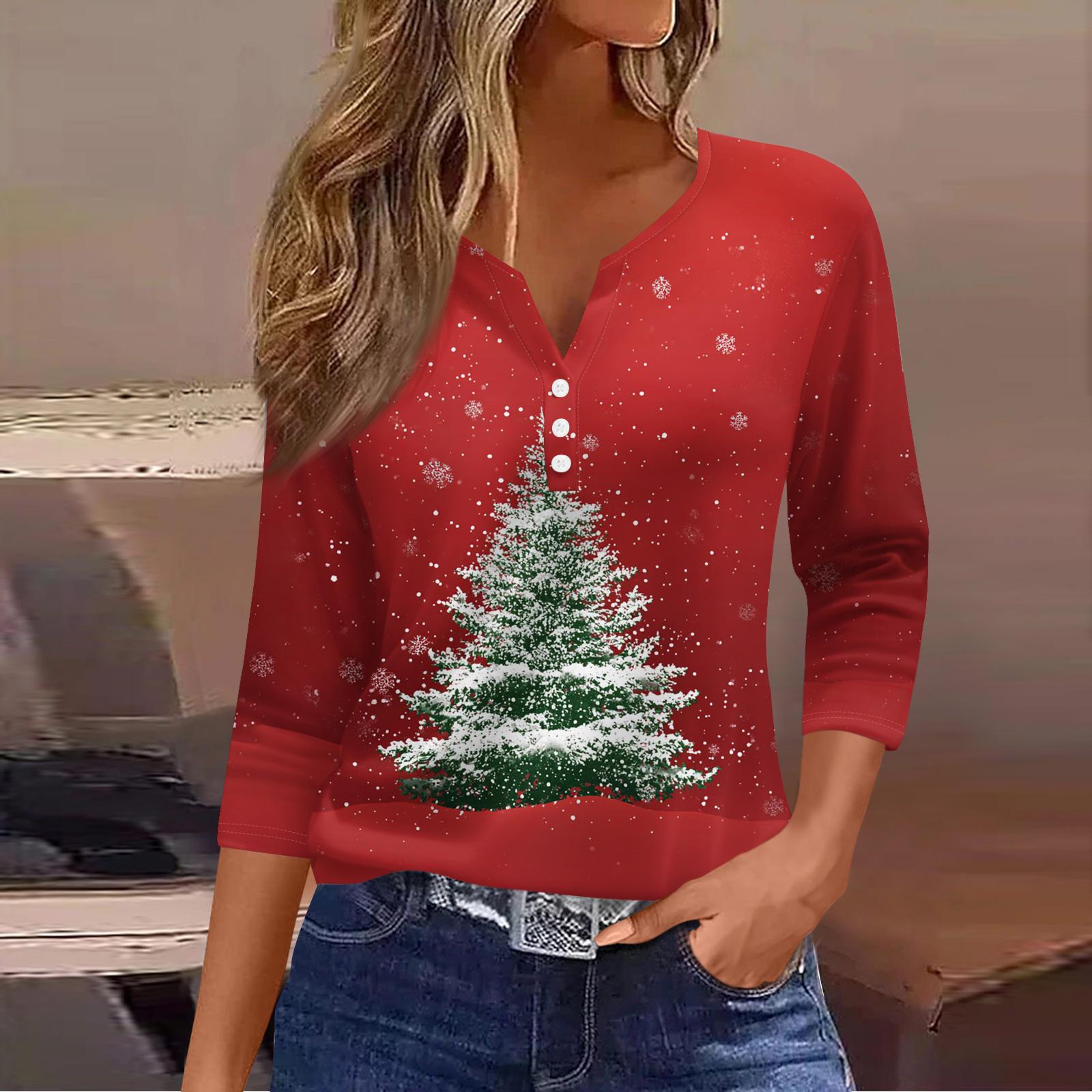 

Женский повседневный модный топ с V-образным вырезом, свободного кроя, универсальный, с рождественским принтом, рукав три четверти XXL